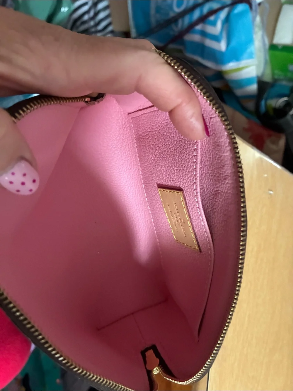 Louis Vuitton Brown Monogram Cosmetic Pouch with Pink Palm Leaves & Red Dots